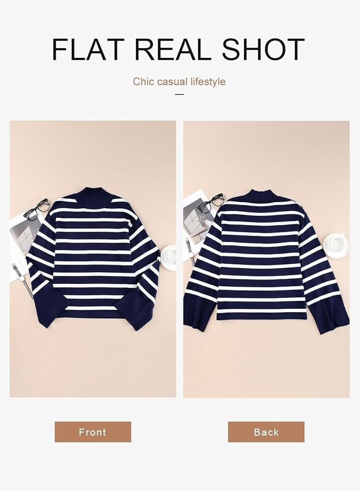 Women's Striped Colour Block Jumper – Long Sleeve Mock Neck with Side Slits | Blue | Size M | UK