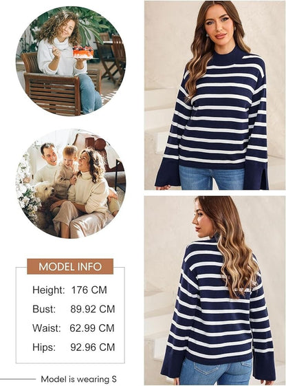 Women's Striped Colour Block Jumper – Long Sleeve Mock Neck with Side Slits | Blue | Size M | UK