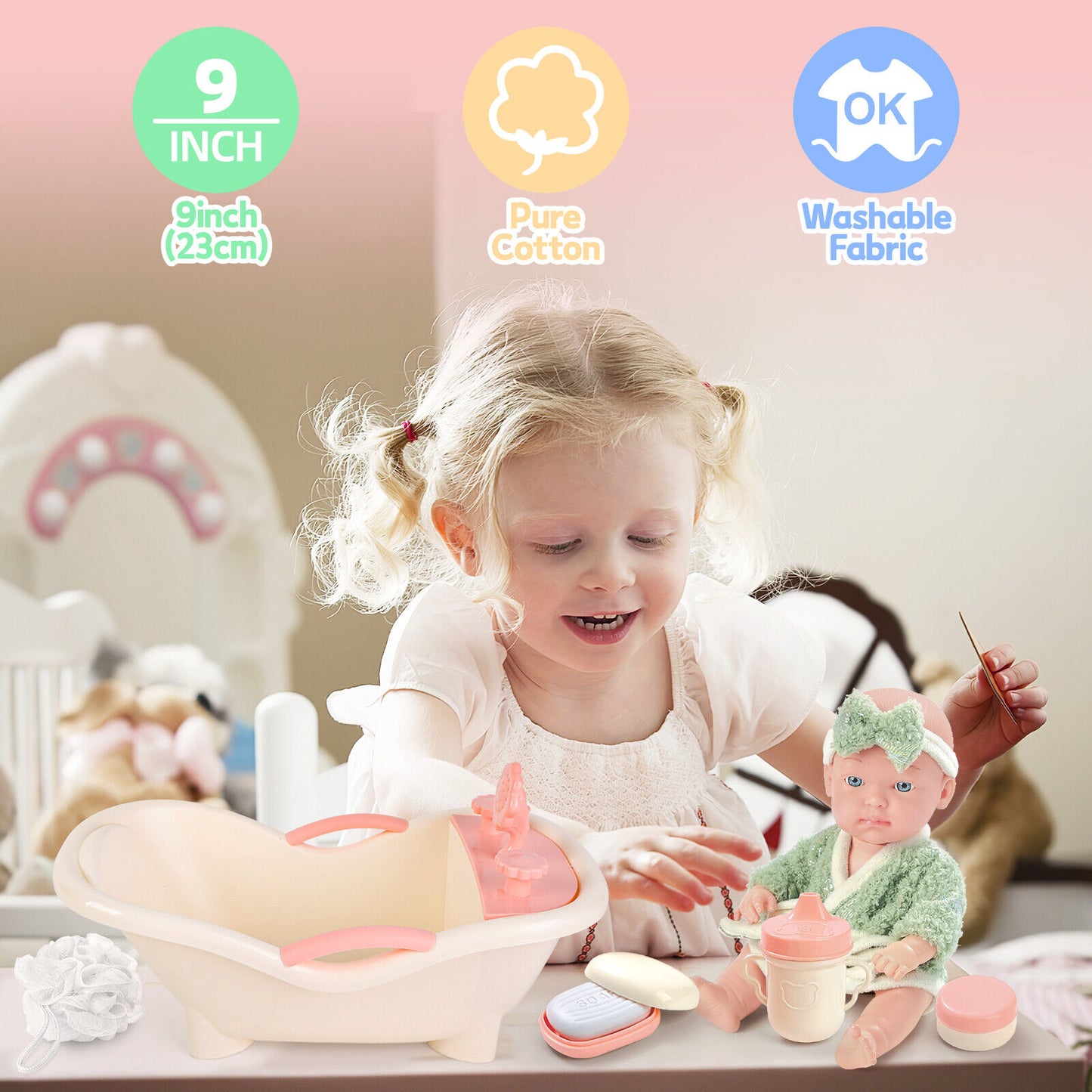 Baby Doll Toy High Chair Set | Cradle, Bath Tub & Pushchair | Role Play Gift for Kids