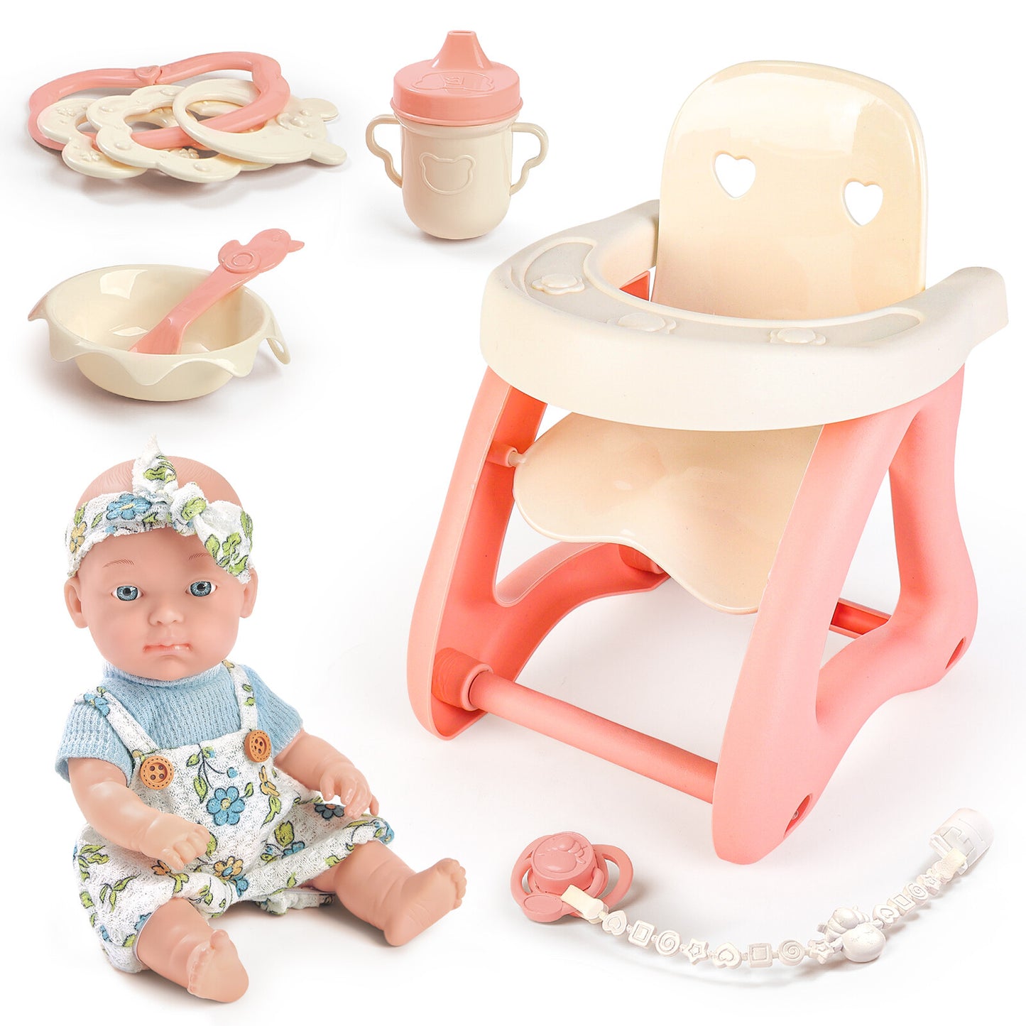 Baby Doll Toy High Chair Set | Cradle, Bath Tub & Pushchair | Role Play Gift for Kids