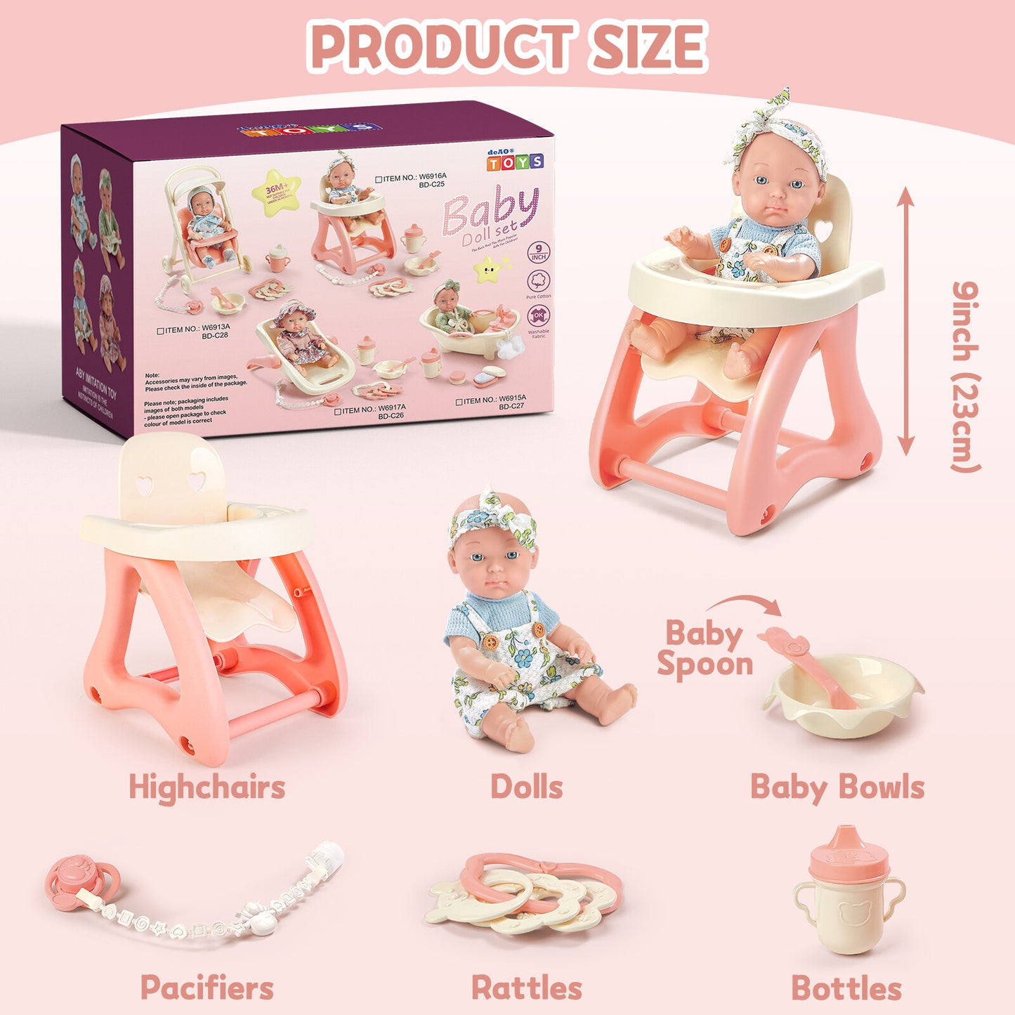 Baby Doll Toy High Chair Set | Cradle, Bath Tub & Pushchair | Role Play Gift for Kids
