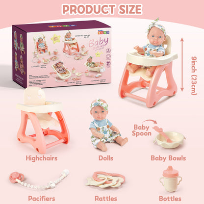 Baby Doll Toy High Chair Set | Cradle, Bath Tub & Pushchair | Role Play Gift for Kids
