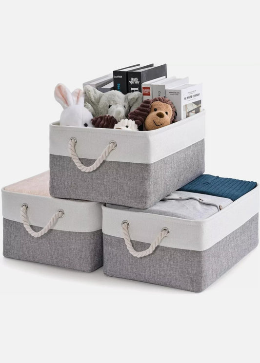 Kriovoa 3-Piece Foldable Fabric Storage Baskets with Handles Canvas Boxes