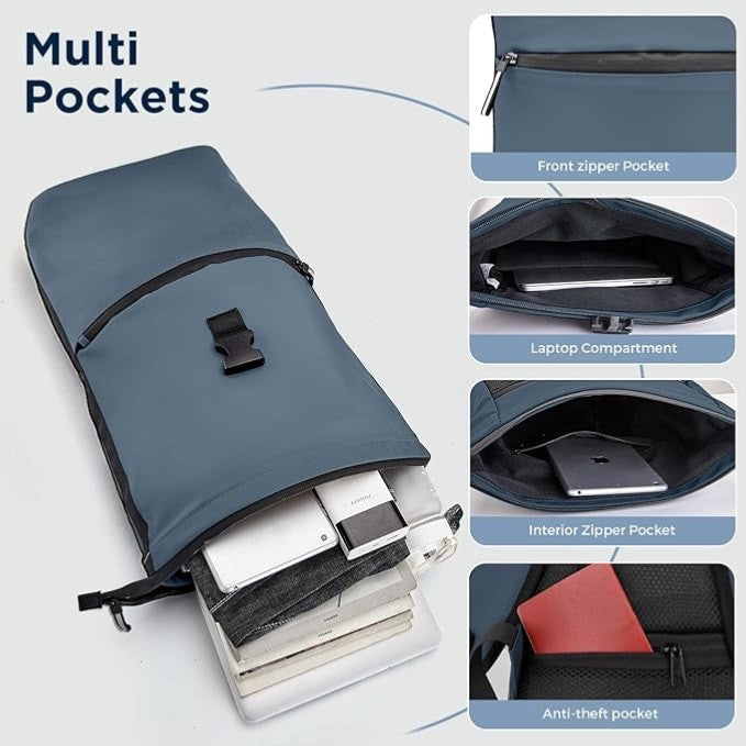 WELDUN Roll Top Laptop Backpack | 18-27L Expandable | Fits 17.3" | Waterproof | Navy