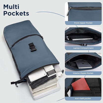 WELDUN Roll Top Laptop Backpack | 18-27L Expandable | Fits 17.3" | Waterproof | Navy