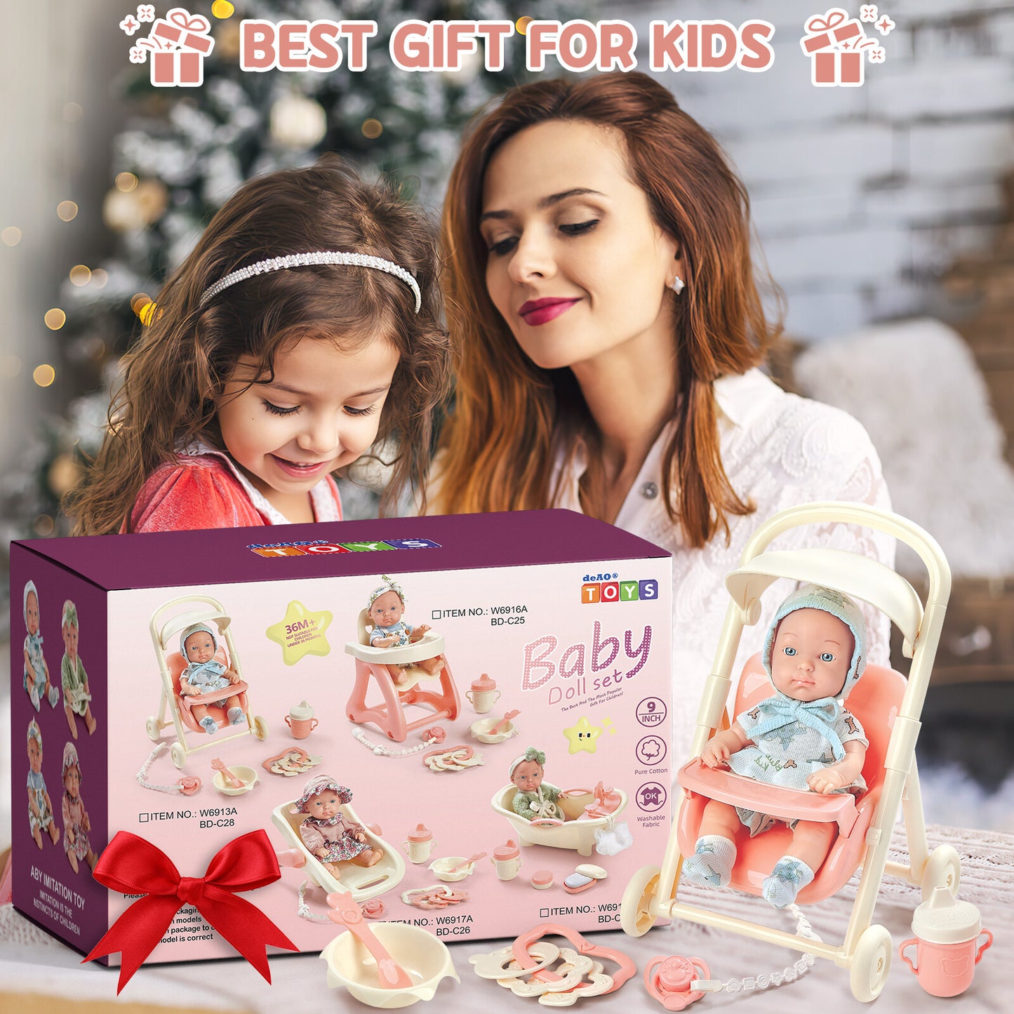Baby Doll Toy High Chair Set | Cradle, Bath Tub & Pushchair | Role Play Gift for Kids
