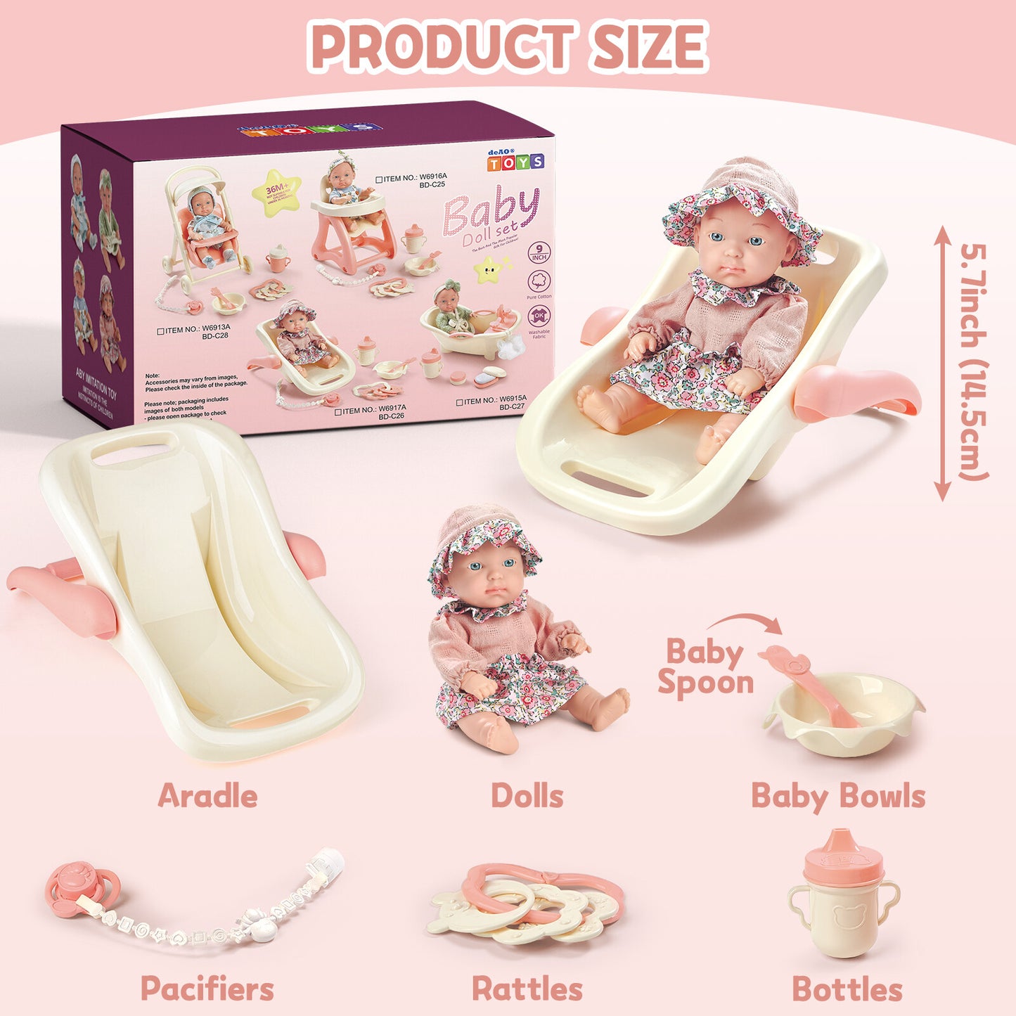 Baby Doll Toy High Chair Set | Cradle, Bath Tub & Pushchair | Role Play Gift for Kids