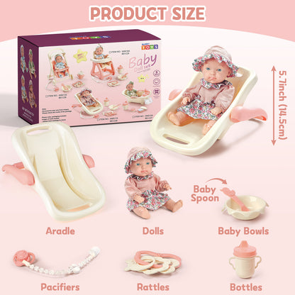 Baby Doll Toy High Chair Set | Cradle, Bath Tub & Pushchair | Role Play Gift for Kids