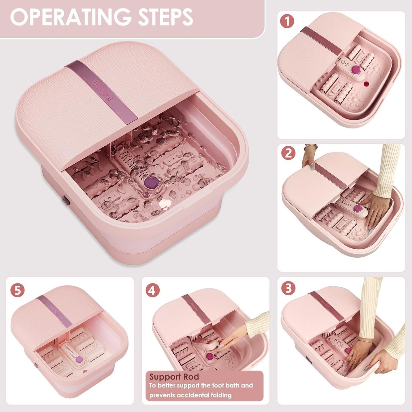 Beinilai Collapsible Foot Spa and Massager with Heat, Bubbles, Vibration & Pumice Stone – Foldable Foot Bath with Rollers, Red Light Therapy & Dust Cover – Pink