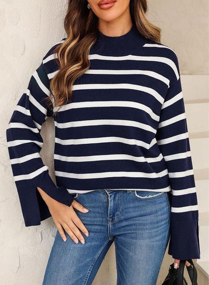 Women's Striped Colour Block Jumper – Long Sleeve Mock Neck with Side Slits | Blue | Size M | UK