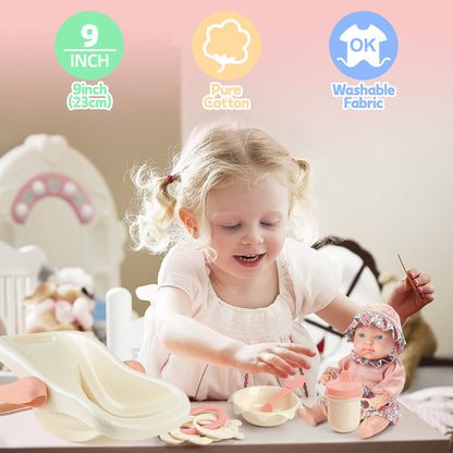 Baby Doll Toy High Chair Set | Cradle, Bath Tub & Pushchair | Role Play Gift for Kids