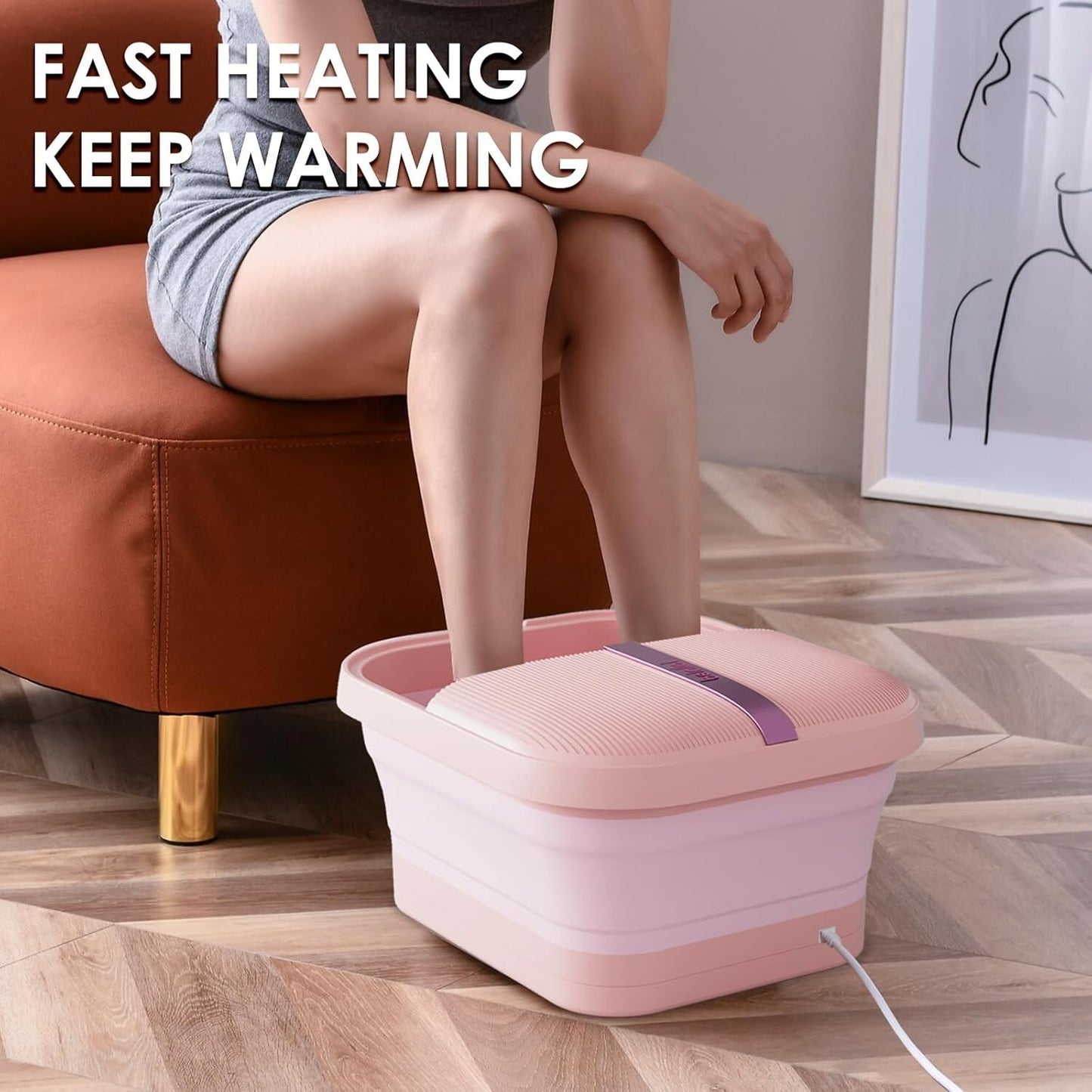 Beinilai Collapsible Foot Spa and Massager with Heat, Bubbles, Vibration & Pumice Stone – Foldable Foot Bath with Rollers, Red Light Therapy & Dust Cover – Pink