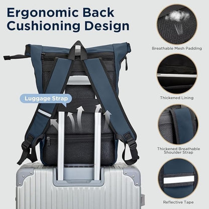 WELDUN Roll Top Laptop Backpack | 18-27L Expandable | Fits 17.3" | Waterproof | Navy