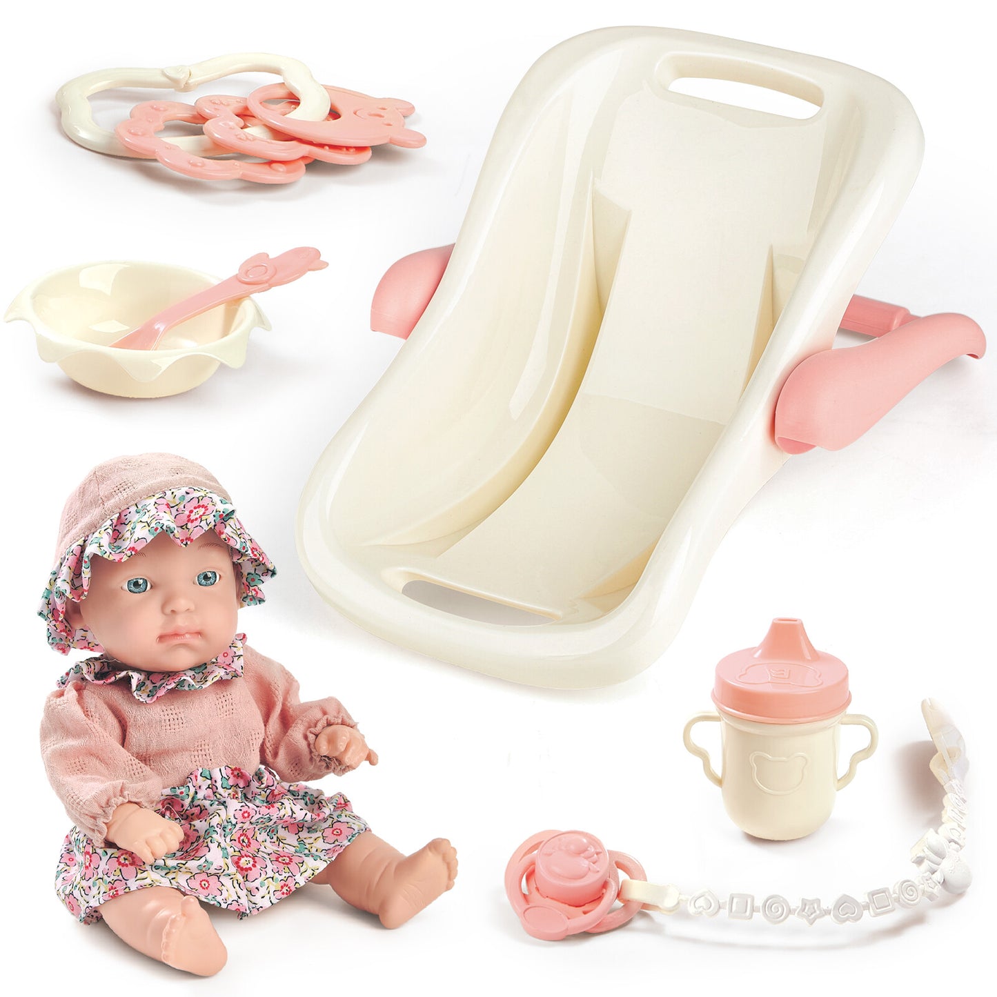 Baby Doll Toy High Chair Set | Cradle, Bath Tub & Pushchair | Role Play Gift for Kids