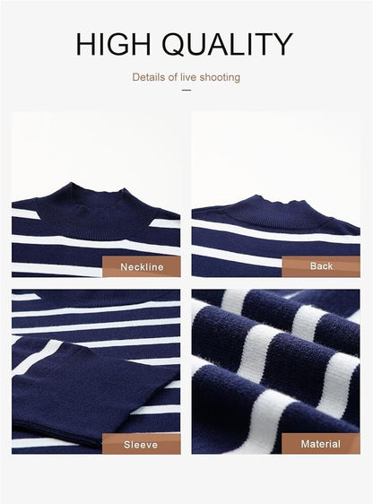 Women's Striped Colour Block Jumper – Long Sleeve Mock Neck with Side Slits | Blue | Size M | UK