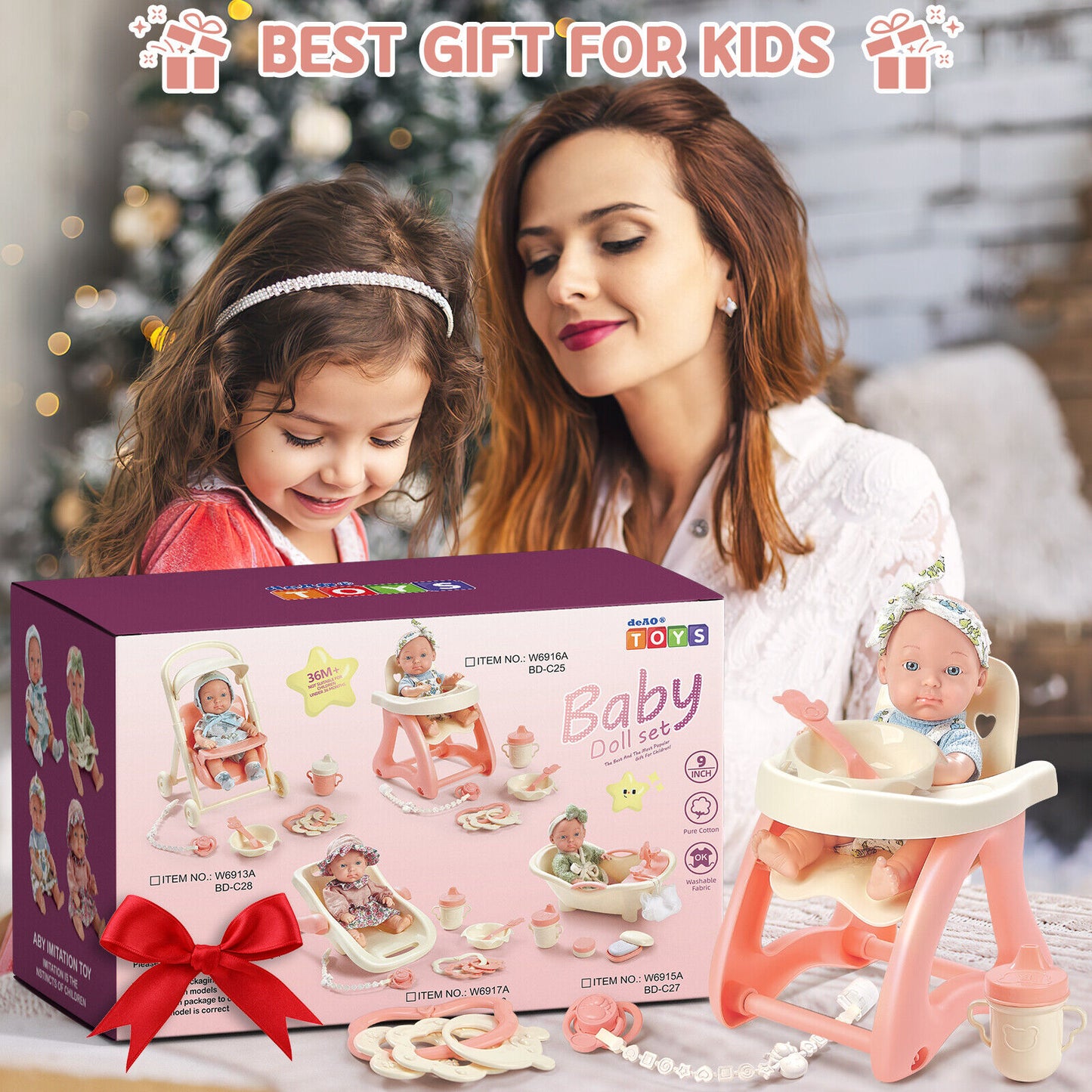 Baby Doll Toy High Chair Set | Cradle, Bath Tub & Pushchair | Role Play Gift for Kids