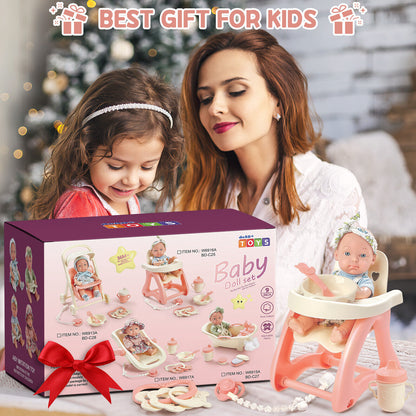 Baby Doll Toy High Chair Set | Cradle, Bath Tub & Pushchair | Role Play Gift for Kids