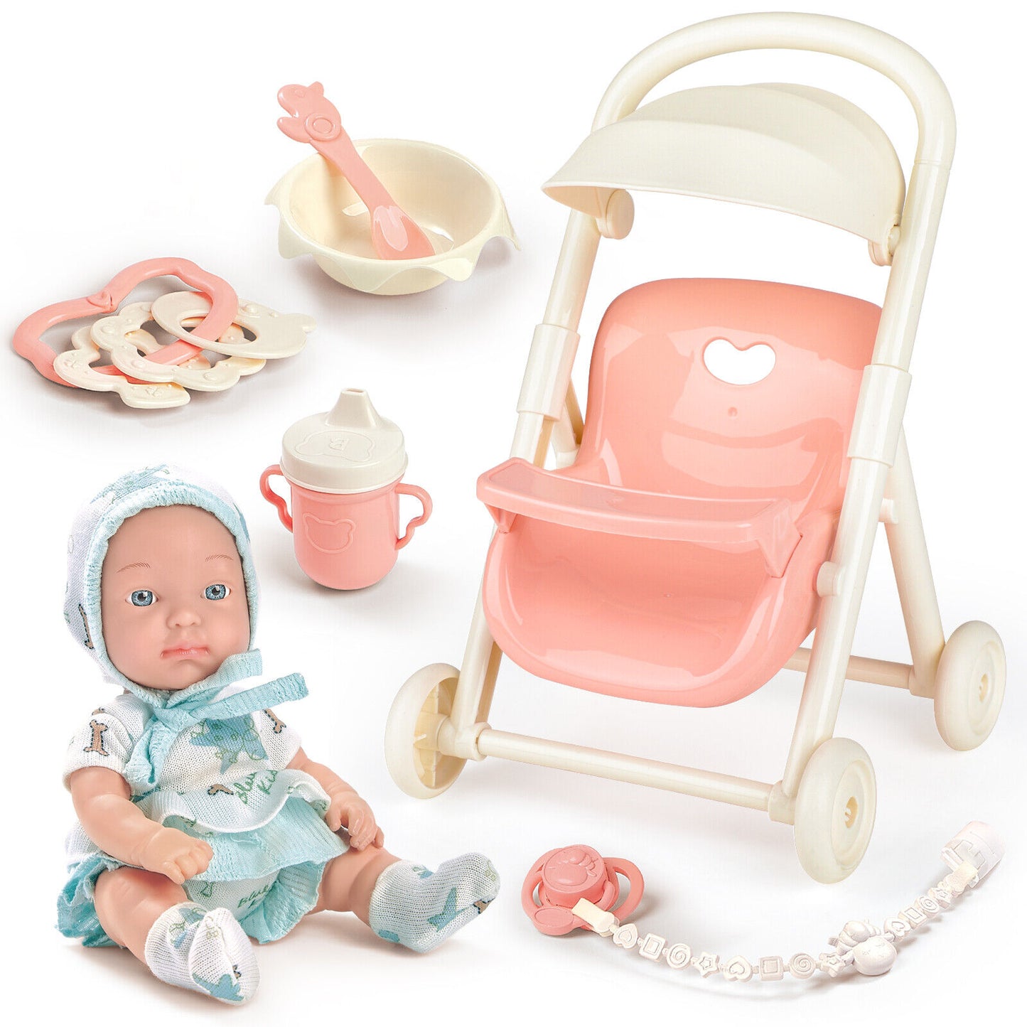 Baby Doll Toy High Chair Set | Cradle, Bath Tub & Pushchair | Role Play Gift for Kids