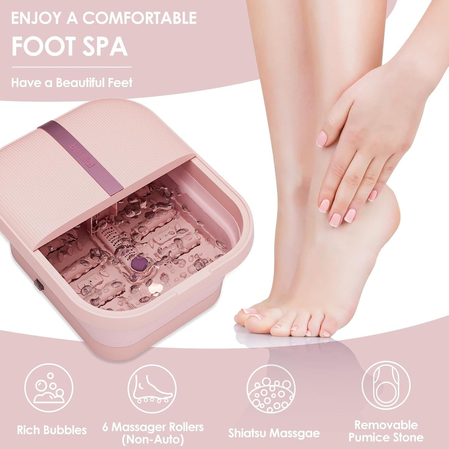 Beinilai Collapsible Foot Spa and Massager with Heat, Bubbles, Vibration & Pumice Stone – Foldable Foot Bath with Rollers, Red Light Therapy & Dust Cover – Pink