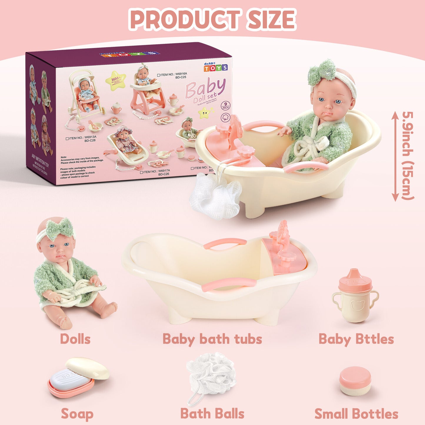 Baby Doll Toy High Chair Set | Cradle, Bath Tub & Pushchair | Role Play Gift for Kids