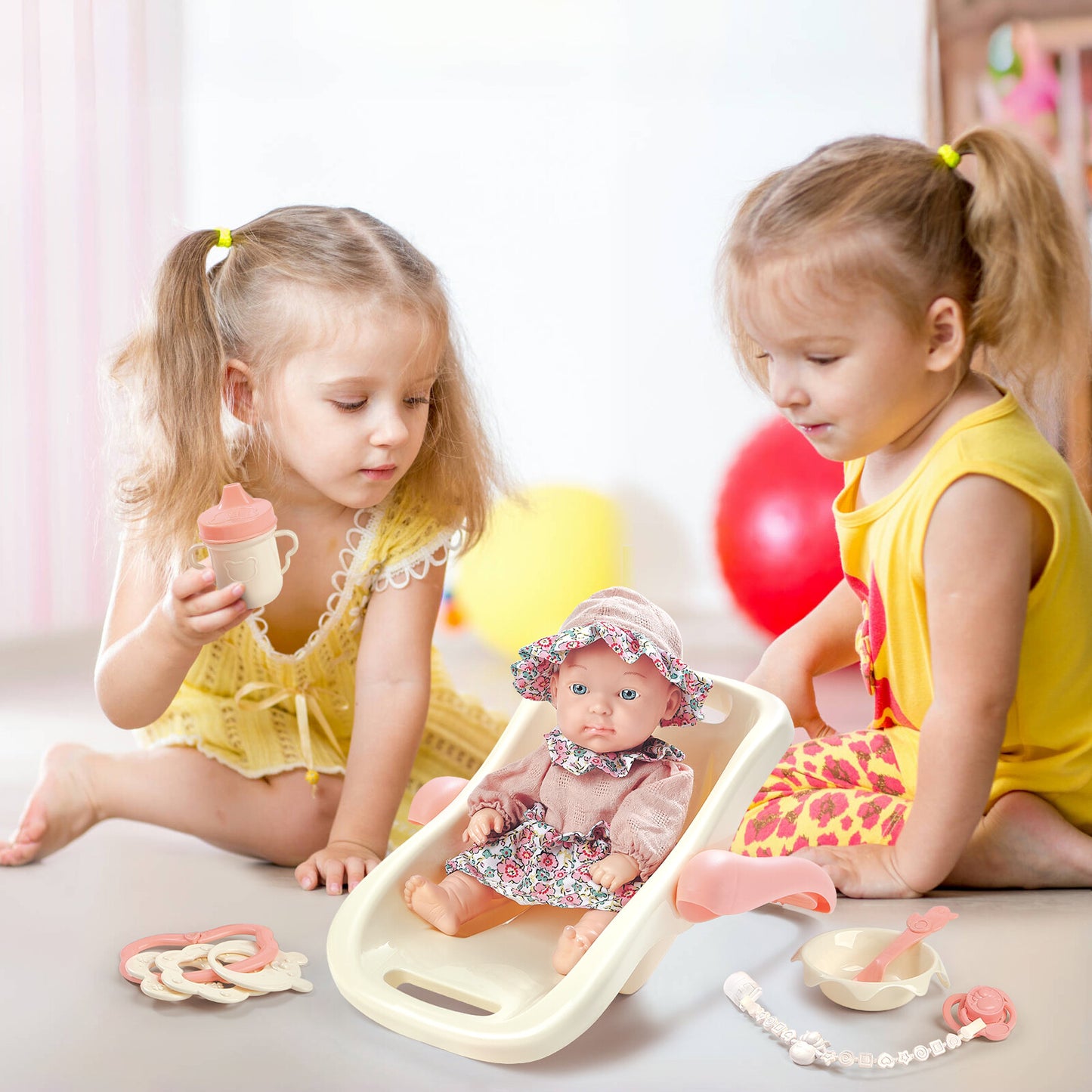Baby Doll Toy High Chair Set | Cradle, Bath Tub & Pushchair | Role Play Gift for Kids