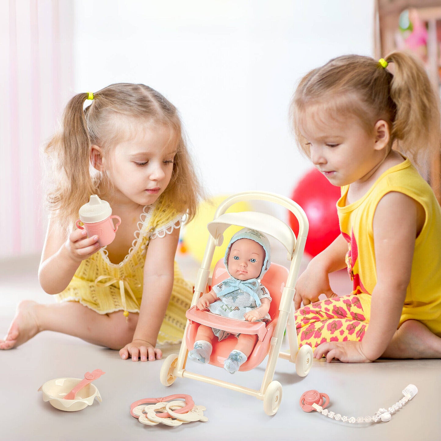 Baby Doll Toy High Chair Set | Cradle, Bath Tub & Pushchair | Role Play Gift for Kids