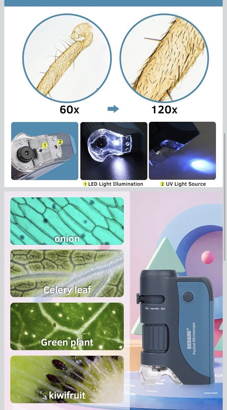 BEBANG Pocket Microscope 60x–120x – Handheld Mini Microscope for Kids (Blue)