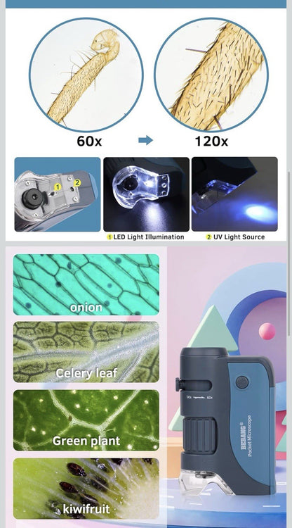 BEBANG Pocket Microscope 60x–120x – Handheld Mini Microscope for Kids (Blue)