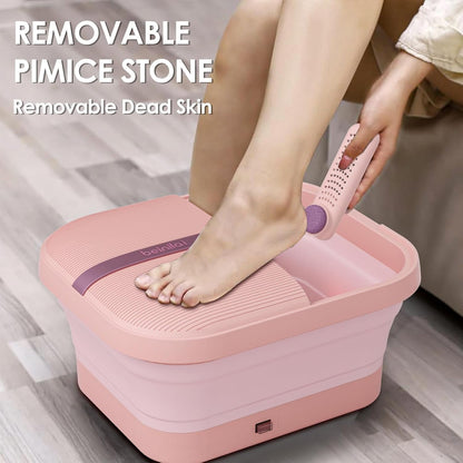 Beinilai Collapsible Foot Spa and Massager with Heat, Bubbles, Vibration & Pumice Stone – Foldable Foot Bath with Rollers, Red Light Therapy & Dust Cover – Pink