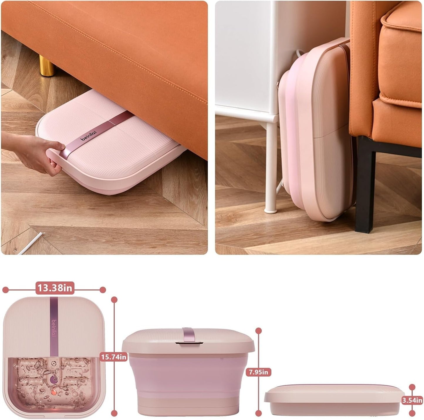 Beinilai Collapsible Foot Spa and Massager with Heat, Bubbles, Vibration & Pumice Stone – Foldable Foot Bath with Rollers, Red Light Therapy & Dust Cover – Pink