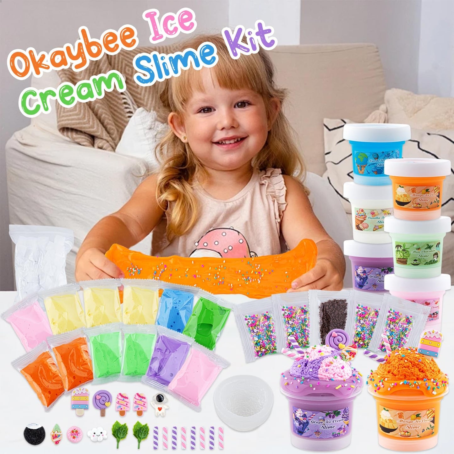 Ice Cream Slime Kit for Girls – 45‑Piece DIY Craft Set with 6 Clear Butter Slimes