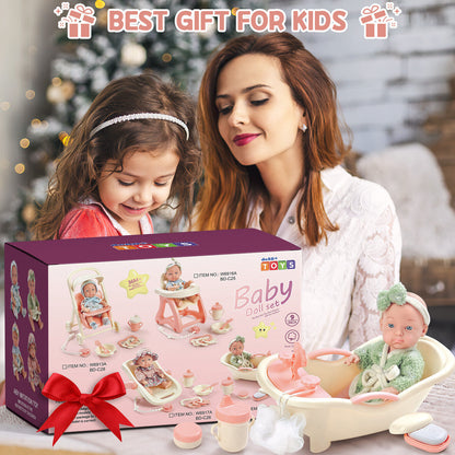 Baby Doll Toy High Chair Set | Cradle, Bath Tub & Pushchair | Role Play Gift for Kids