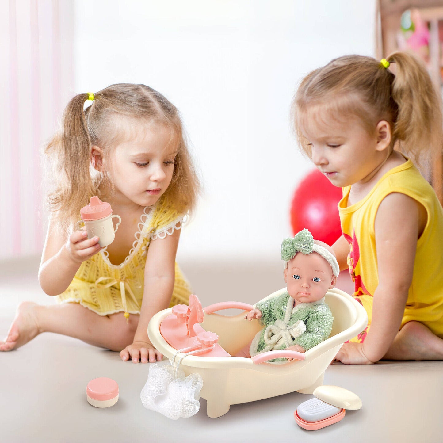 Baby Doll Toy High Chair Set | Cradle, Bath Tub & Pushchair | Role Play Gift for Kids