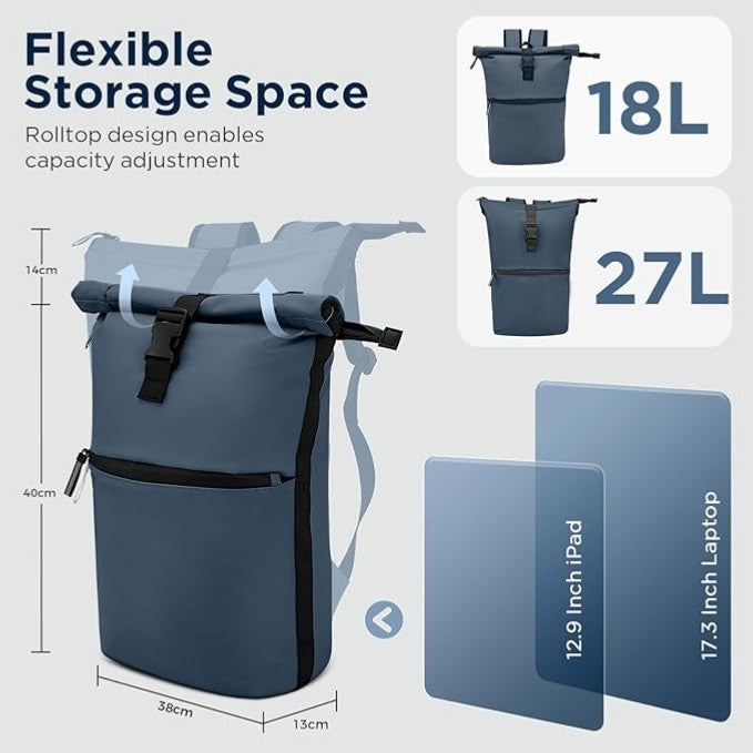 WELDUN Roll Top Laptop Backpack | 18-27L Expandable | Fits 17.3" | Waterproof | Navy