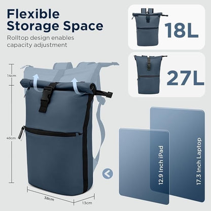 WELDUN Roll Top Laptop Backpack | 18-27L Expandable | Fits 17.3" | Waterproof | Navy