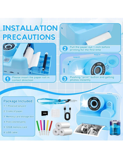 WingFly Kids Instant Print Camera – 1080P HD Digital Camera with 32GB Card