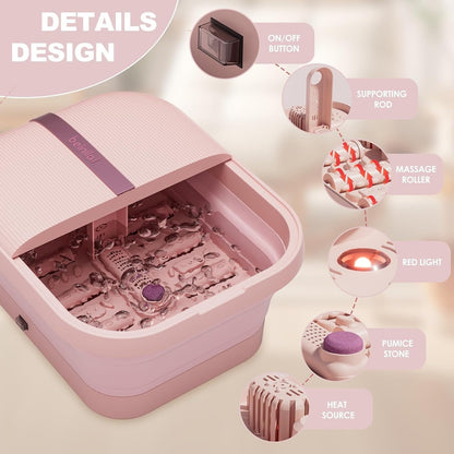Beinilai Collapsible Foot Spa and Massager with Heat, Bubbles, Vibration & Pumice Stone – Foldable Foot Bath with Rollers, Red Light Therapy & Dust Cover – Pink