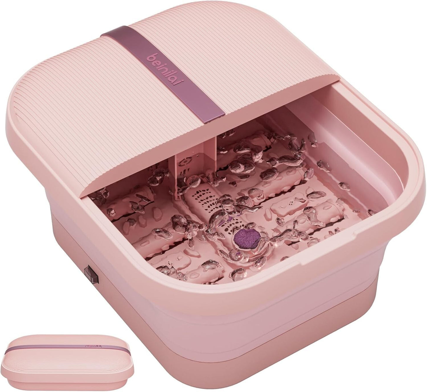 Beinilai Collapsible Foot Spa and Massager with Heat, Bubbles, Vibration & Pumice Stone – Foldable Foot Bath with Rollers, Red Light Therapy & Dust Cover – Pink