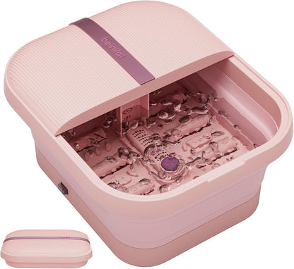 Beinilai Collapsible Foot Spa and Massager with Heat, Bubbles, Vibration & Pumice Stone – Foldable Foot Bath with Rollers, Red Light Therapy & Dust Cover – Pink