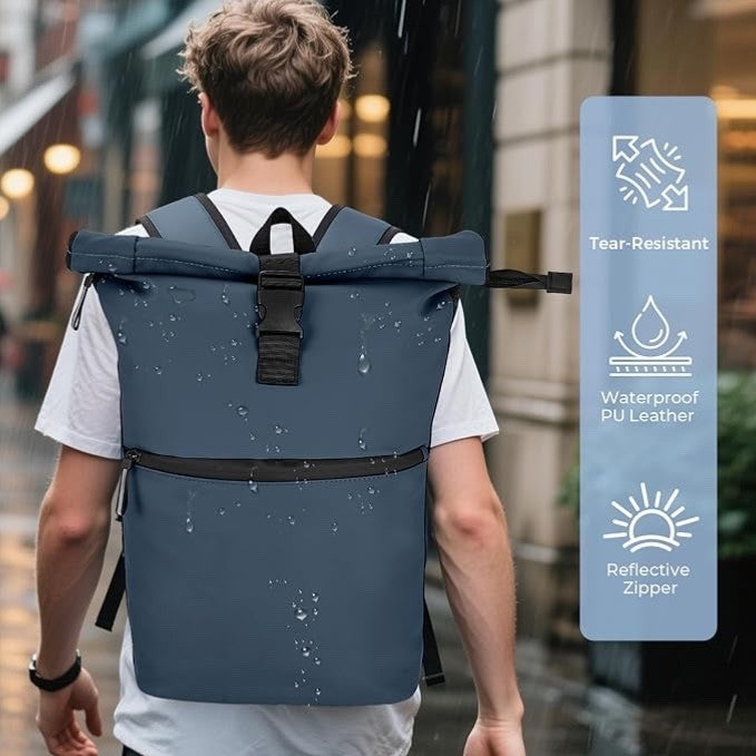 WELDUN Roll Top Laptop Backpack | 18-27L Expandable | Fits 17.3" | Waterproof | Navy