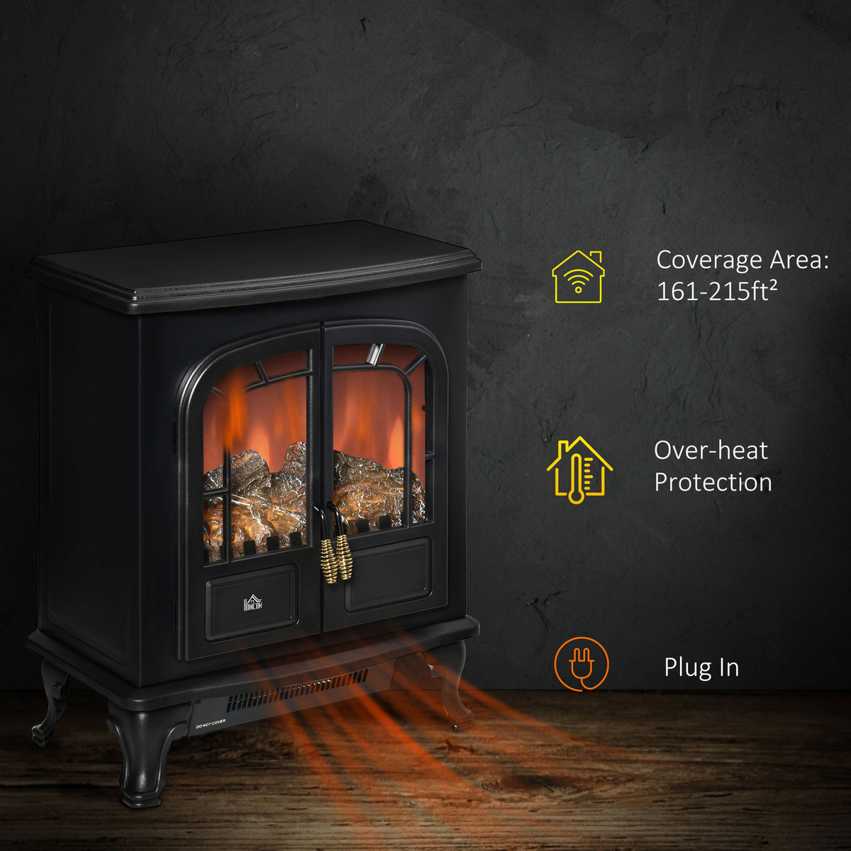 HOMCOM Electric Fireplace Stove Freestanding Log Burner with Double Door, 1000W/2000W, Portable Electric Fire Fan Heater with LED Flame Effect, Adjustable Thermostat, Overheat Protection, Black