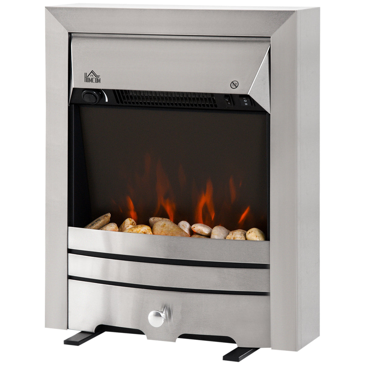 HOMCOM 2KW Stainless Steel Electric Fireplace Pebble Burning Effect Heater Fire Flame Indoor Stove LED Lighting
