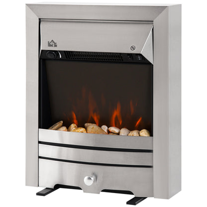 HOMCOM 2KW Stainless Steel Electric Fireplace Pebble Burning Effect Heater Fire Flame Indoor Stove LED Lighting