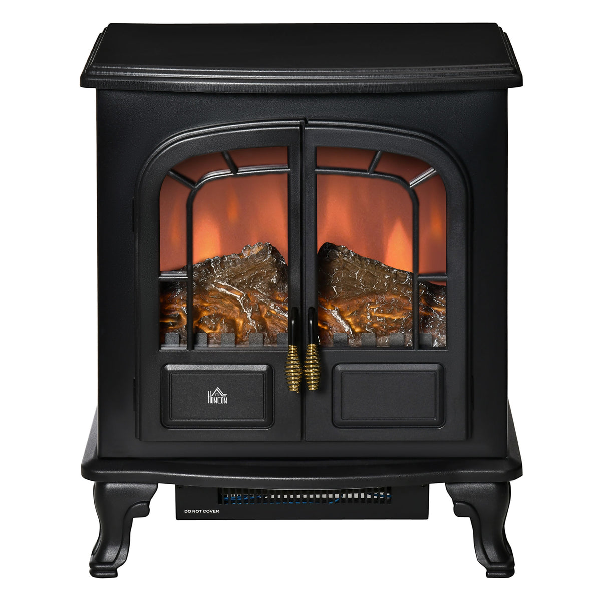 HOMCOM Electric Fireplace Stove Freestanding Log Burner with Double Door, 1000W/2000W, Portable Electric Fire Fan Heater with LED Flame Effect, Adjustable Thermostat, Overheat Protection, Black