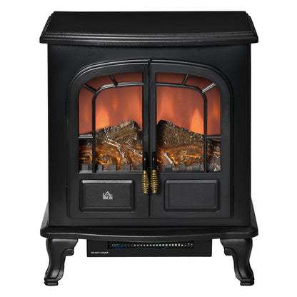 HOMCOM Electric Fireplace Stove Freestanding Log Burner with Double Door, 1000W/2000W, Portable Electric Fire Fan Heater with LED Flame Effect, Adjustable Thermostat, Overheat Protection, Black