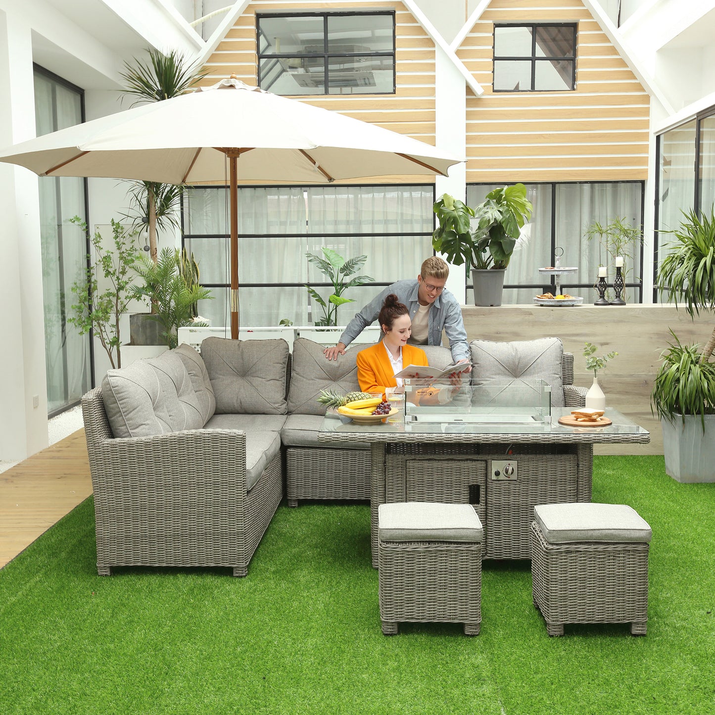 Outsunny eight-seater rattan corner sofa set with fire pit - product view 2