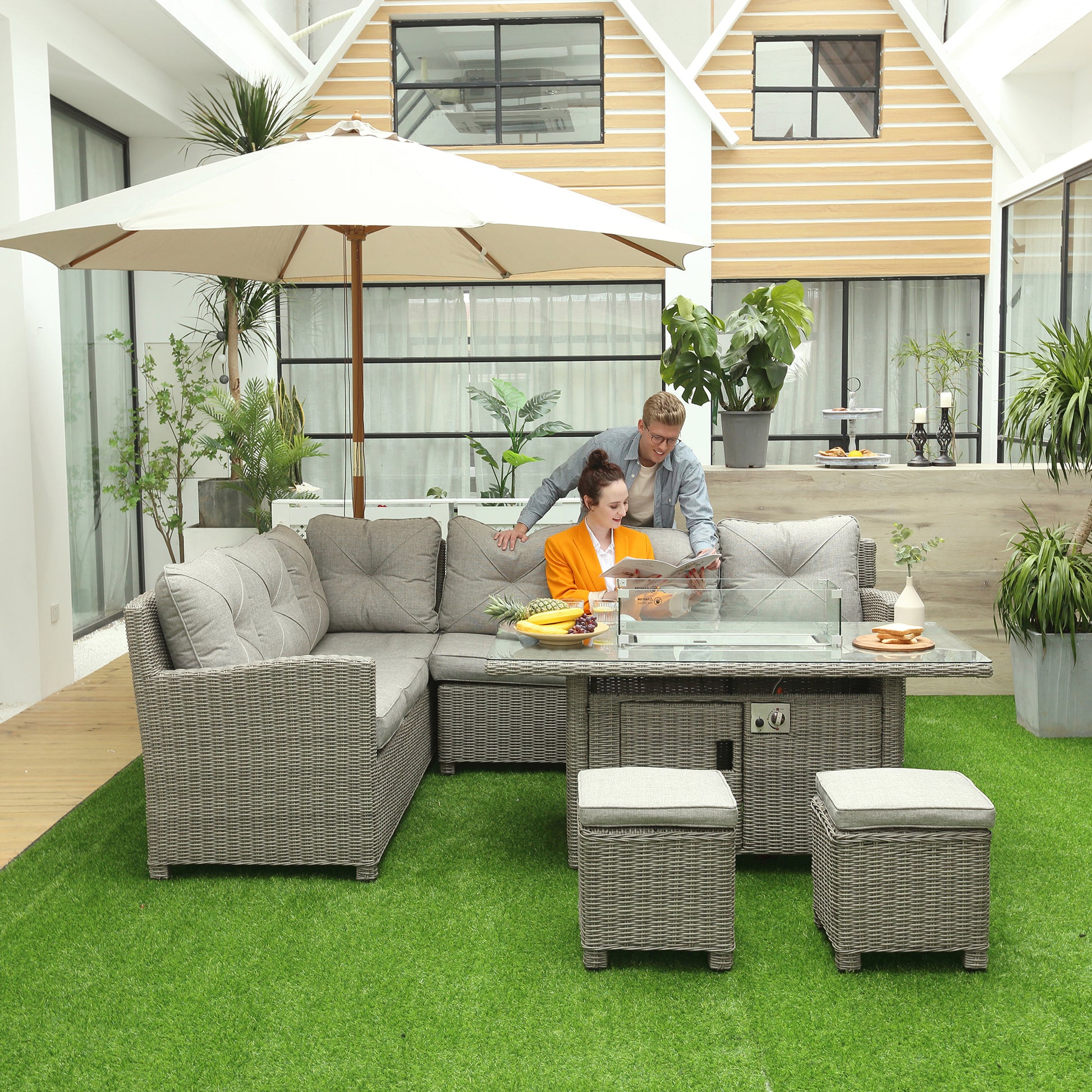 Outsunny eight-seater rattan corner sofa set with fire pit - product view 2