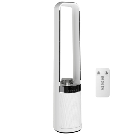 HOMCOM 93cm Bladeless Tower Fan with LED Mood Light | 36dB, 6m/s, 45° Oscillation, 12H Timer, Remote — White