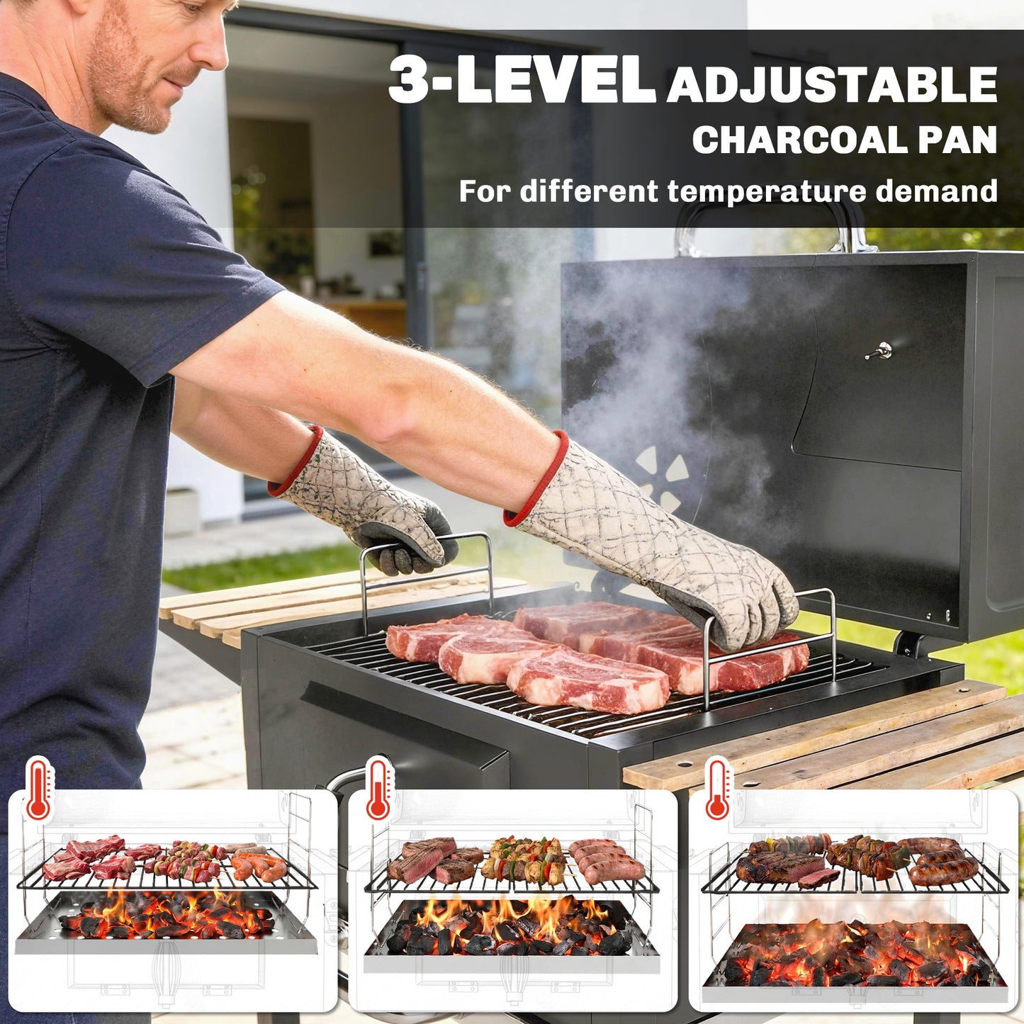 Outsunny Adjustable Charcoal BBQ Grill & Smoker with Warming Rack - Black