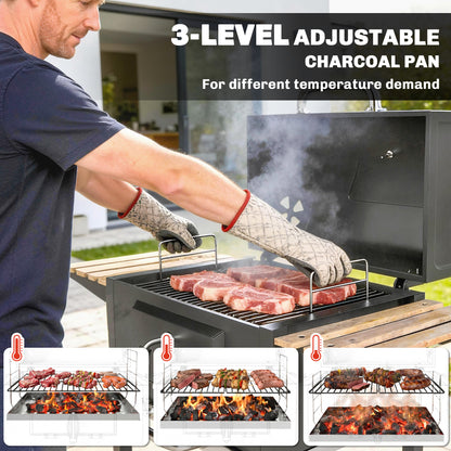 Outsunny Adjustable Charcoal BBQ Grill & Smoker with Warming Rack - Black